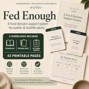 May include: A digital download set titled Fed Enough, a food decision support system for autistic and AuDHD adults. Includes a workbook, decision deck, and kitchen sheets with 43 printable pages. Features cards with text like What's my energy right now?