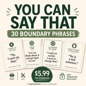 May include: A set of four off-white cards with dark green text and icons. The cards display phrases: I NEED TO SAY NO, I NEED TIME, I CHANGED MY MIND, and I DON'T WANT TO EXPLAIN. The header reads YOU CAN SAY THAT 30 BOUNDARY PHRASES.