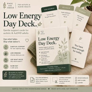 May include: A white box set of "Low Energy Day Deck" cards with green accents, designed for autistic and AuDHD adults. The set includes individual cards with phrases like "Bare Minimum" and "Slow Day".