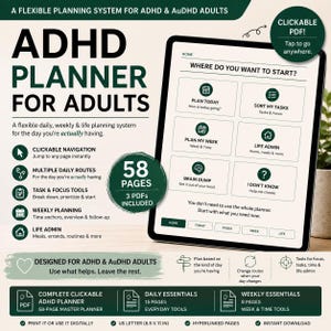 Peut inclure: Un planificateur numérique ADHD pour adultes avec une interface PDF cliquable de 58 pages réparties en 3 fichiers. L'écran affiche un menu principal avec des options comme Plan Today, Sort My Tasks et Brain Dump. Format US letter 8,5 x 11 pouces.