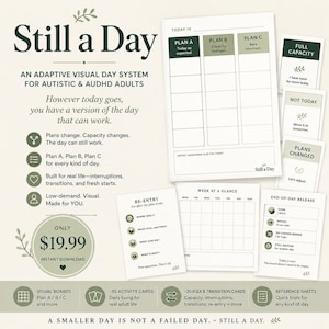 May include: A Still a Day adaptive visual day system for adults, featuring a main planner sheet with Plan A, B, and C columns, alongside smaller cards for re-entry, weekly planning, and end-of-day release, all in a white, green, and black color scheme.
