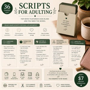 May include: A set of 36 adulting scripts on cards, designed to help with communication and real-life moments. The cards are in a beige box, with text that reads "Say what you mean, even when it's hard."