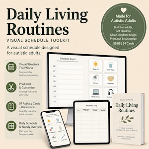 May include: A visual schedule toolkit for autistic adults, featuring a computer monitor, tablet, smartphone, and a book. The set includes a schedule board, recovery log, and 54 activity cards. The text reads "Daily Living Routines".