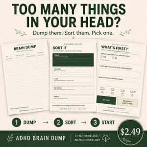 Può includere: Un set di tre pagine stampabili per pianificatore ADHD brain dump con sfondo color crema e testo verde scuro. Le pagine sono intitolate Brain Dump, Sort It e What's First, con sezioni strutturate per la gestione delle attività e l'organizzazione.