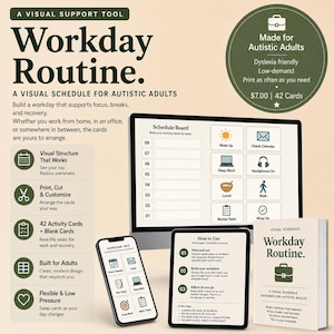 May include: A visual support tool for a workday routine featuring a schedule board on a computer monitor, a smartphone displaying activity cards, a tablet with instructions, and a printed guide, all using a beige, dark green, and white color palette.