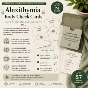 May include: A set of 24 Alexithymia Body Check Cards in a sage green box. The cards feature line drawings of physical sensations like a racing heart or tight chest. The set includes instructions on how to scan the body and identify emotions.