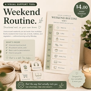 May include: A visual schedule board titled Weekend Routine with numbered slots from 01 to 08, featuring icons for activities like coffee, errands, and walking. Includes a set of square activity cards with icons for plants, sensory breaks, and journals.