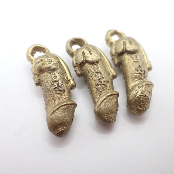 trio matched phallic brass metal amulets pendants beads Buddhist Thai fertility