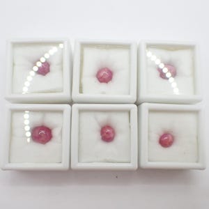 May include: Six small, square white boxes each contain a single, polished, round, pink gemstone. The gemstones are set on a bed of white fabric. The boxes are arranged in two rows of three.