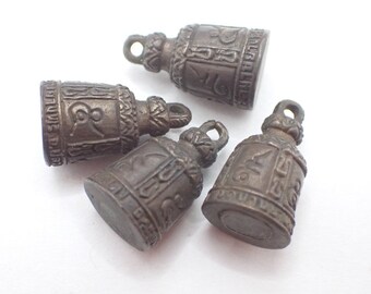 4 pc patinated brass metal amulets pendants bead Asian trade Buddhist Thai bell