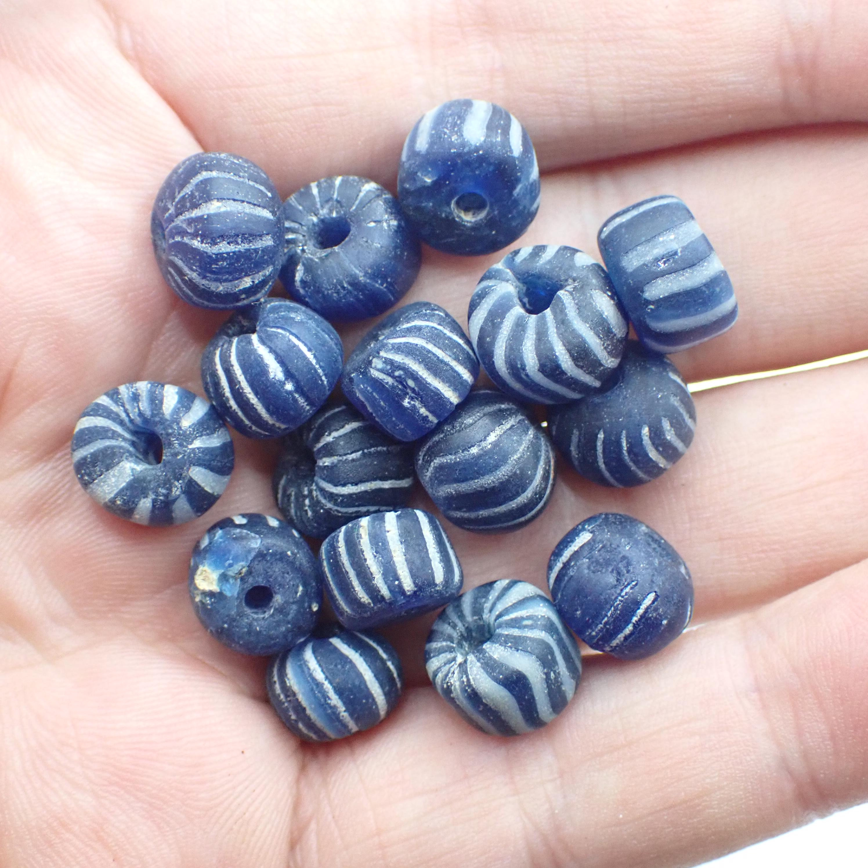 16 Pcs Striped Cobalt Blue Glass Trade Beads Antique Dayak
