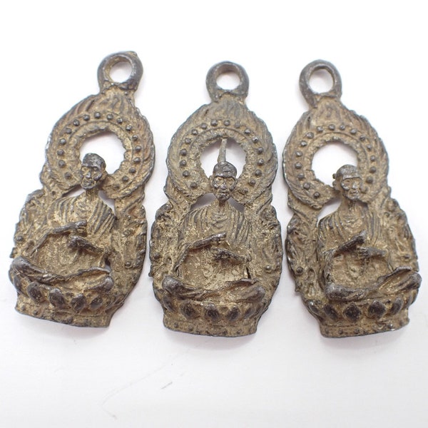 matched trio old metal Buddha pendants beads Buddhist Thai patina Asian trade