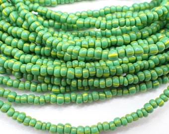 28" strand vintage lime green striped Czech glass seed trade beads tribal Africa