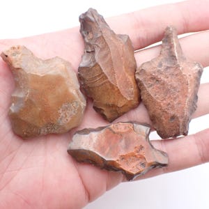 May include: Four hand-knapped stone arrowheads with irregular, jagged edges and pointed tips. The stones feature earthy tones of tan, brown, and reddish-orange with a textured, chipped surface finish and varying geometric shapes.