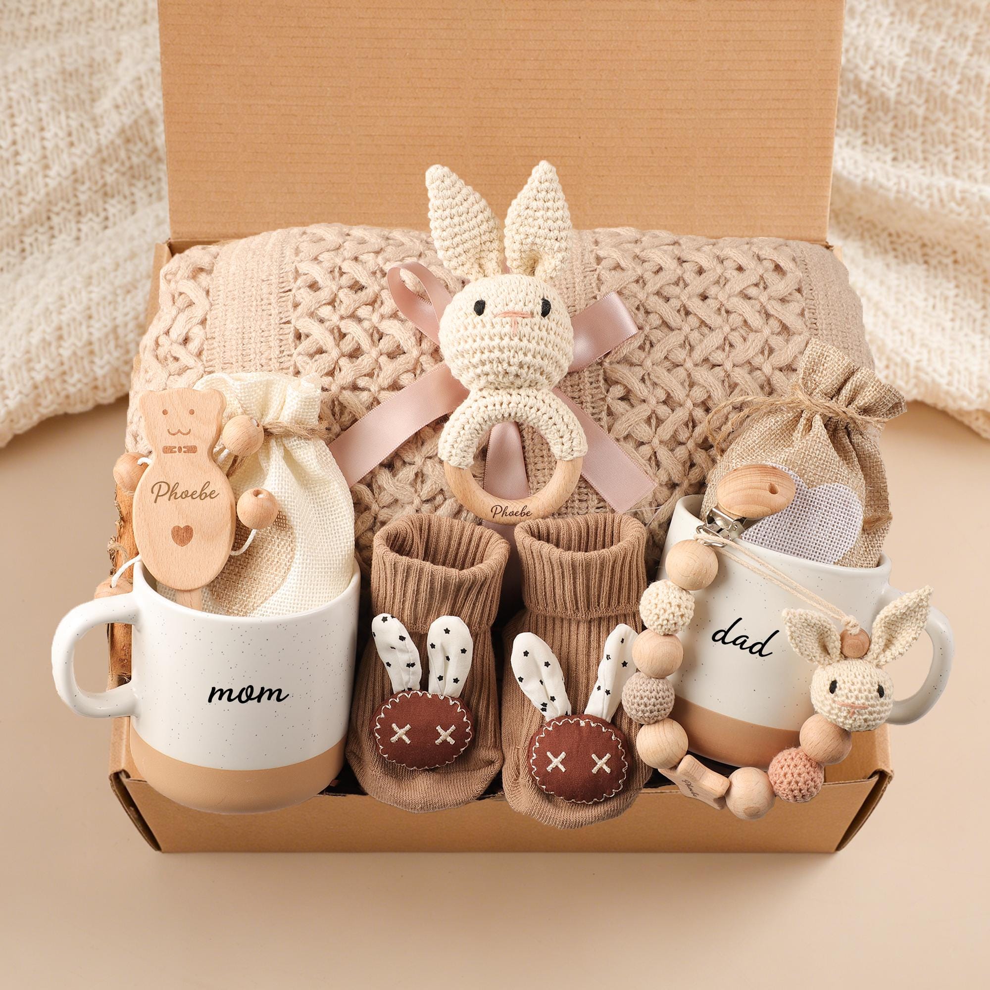New Parents Gift Box, Mom Dad Mug Set, Baby Rattle, Blanket, Socks, Unique Newborn Gift,New Mom Self Care,Newborn gift box, Baby shower gift