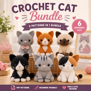 6 Häkelanleitungen für Katzen (PDF-Paket) | Amigurumi-Kätzchen-Häkelanleitungen | Anfängerfreundlich | Sofortiger digitaler Download