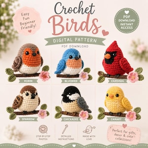 Puede incluir: Un patrón de ganchillo digital en PDF titulado Crochet Birds que muestra seis pájaros hechos a mano: un petirrojo, un azulejo, un cardenal, un gorrión, un carbonero y un canario. Cada pájaro está posado en una rama marrón con flores rosas.