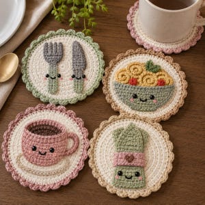 May include: Four round crochet coasters featuring cute, smiling faces. One shows a fork and knife, one a bowl of pasta, one a coffee cup on a saucer, and one a wrapped napkin. Each coaster has a scalloped edge in various pastel colors.
