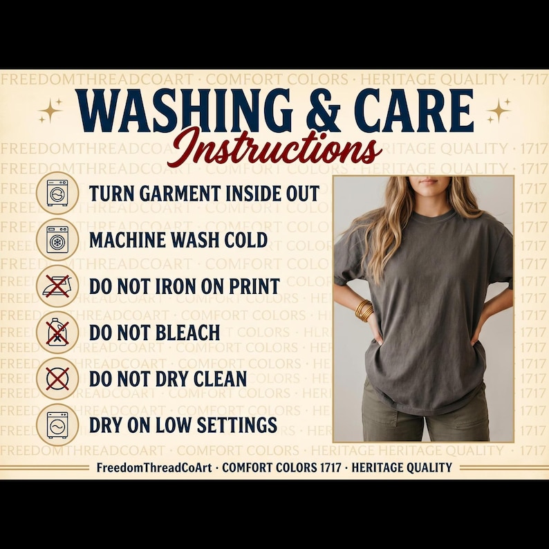 Pode incluir: Um gr&aacute;fico de instru&ccedil;&otilde;es de lavagem e cuidados para uma pe&ccedil;a de vestu&aacute;rio, com o texto: WASHING & CARE Instructions, TURN GARMENT INSIDE OUT, MACHINE WASH COLD, DO NOT IRON ON PRINT, DO NOT BLEACH, DO NOT DRY CLEAN, DRY ON LOW SETTINGS.