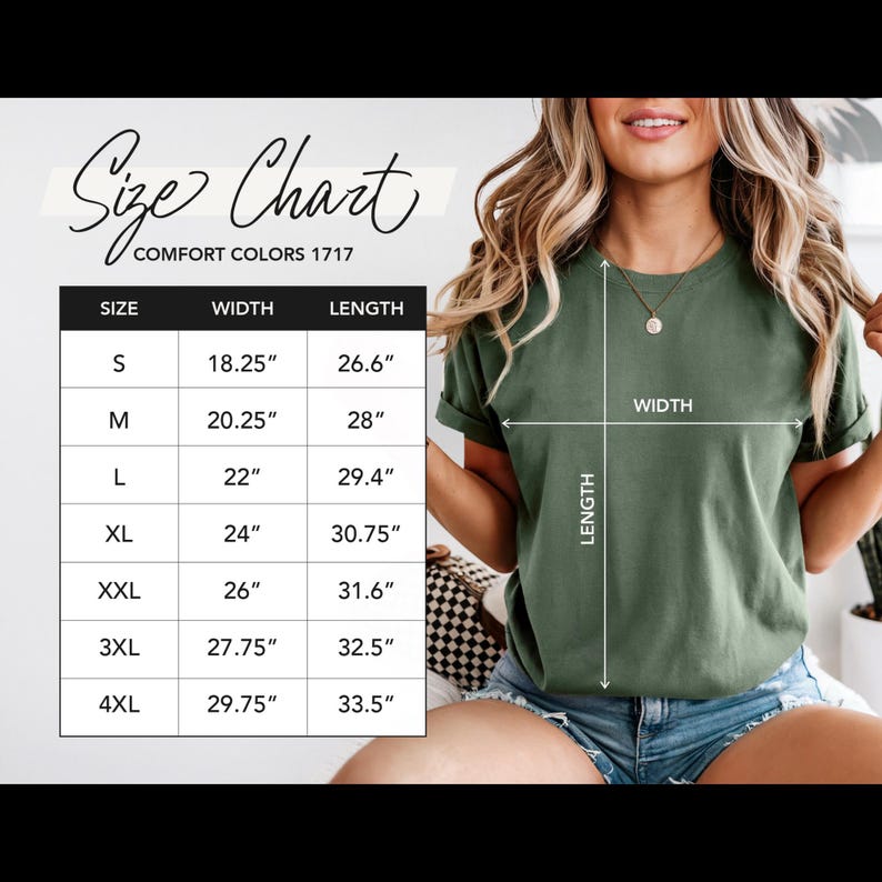 Pode incluir: Uma tabela de tamanhos para camisetas Comfort Colors 1717, exibindo medidas de largura e comprimento em polegadas para os tamanhos S a 4XL. A tabela &eacute; apresentada ao lado de uma camiseta verde-oliva lisa com setas brancas indicando os pontos de medi&ccedil;&atilde;o.
