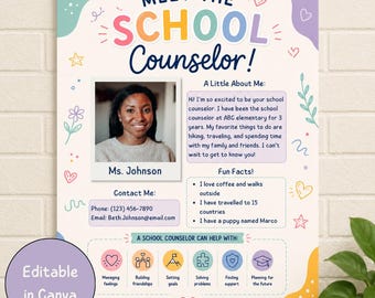 Meet the School Counselor Flyer Template | School Counselor Introduction Poster | Welcome Back to School Printable & Digital | All About Me