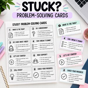 May include: A set of problem-solving cards titled STUCK? featuring eight numbered steps with icons and questions. The cards are presented on a large sheet and as individual cards in pastel colors including mint, lavender, and pink with black text.