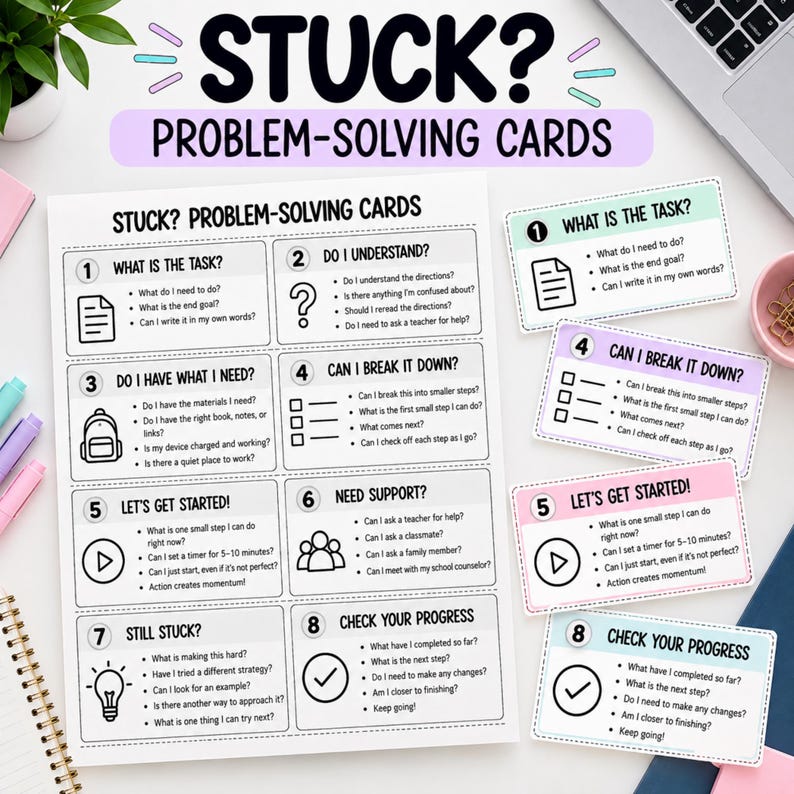 May include: A set of problem-solving cards titled STUCK? featuring eight numbered steps with icons and questions. The cards are presented on a large sheet and as individual cards in pastel colors including mint, lavender, and pink with black text.
