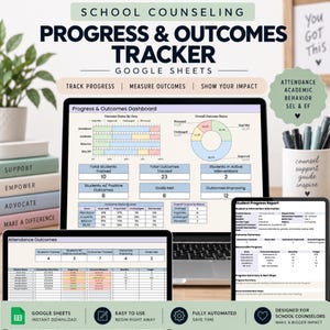 Peut inclure: Un outil numérique de suivi des progrès et des résultats scolaires pour Google Sheets. L'écran affiche un tableau de bord avec des graphiques à barres, un graphique en anneau et des tableaux de données pour le suivi des élèves.
