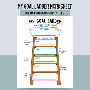 May include: A My Goal Ladder worksheet featuring a brown wooden ladder illustration with five colourful rectangular steps labelled Step 1 through Step 5, a cloud-shaped goal area at the top, and motivational text including Small steps lead to big success.