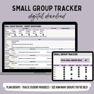 Può includere: Un modello digitale per il monitoraggio di piccoli gruppi visualizzato su uno schermo di laptop e tablet. Il documento include campi per i nomi degli studenti, i livelli scolastici, i nomi degli insegnanti, il consenso dei genitori e gli obiettivi.