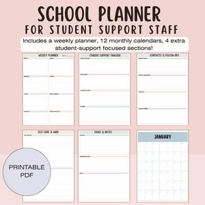 Könnte beinhalten: Ein Schulplaner für pädagogisches Personal mit Wochenplaner, Schüler-Support-Tracker, Kontakten, Selbstfürsorge, Aufgaben, Notizen und einem Januar-Kalender. Das druckbare PDF enthält insgesamt zwölf monatliche Kalenderblätter.