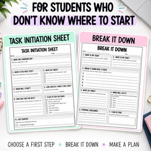 May include: Two printable worksheets titled Task Initiation Sheet and Break It Down, designed for students. The sheets feature black text on white backgrounds with mint green and light pink borders, including prompts for tasks, goals, and steps.