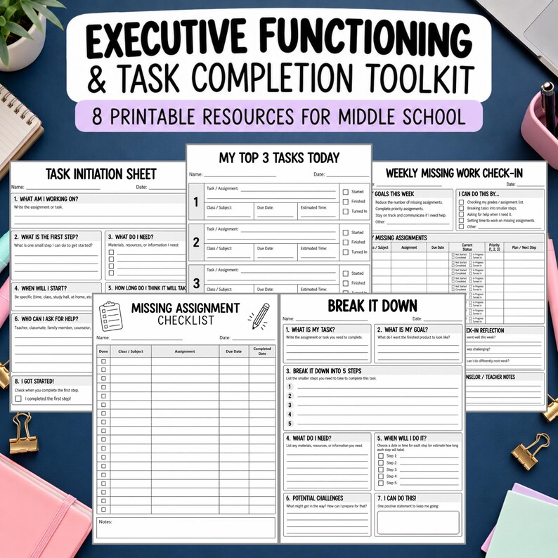 May include: A set of eight printable executive functioning and task completion toolkit pages for middle school students. The documents include a task initiation sheet, a top three tasks list, a weekly missing work check-in, and a break it down form.