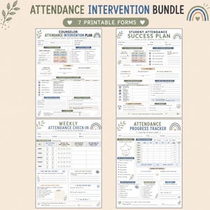 May include: An attendance intervention bundle featuring 7 printable forms including a counselor attendance intervention plan, student attendance success plan, weekly attendance check-in, and attendance progress tracker with rainbow and leaf graphics.