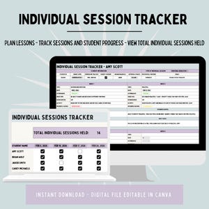 May include: A digital individual session tracker template displayed on a computer monitor and a laptop screen. The interface features tables for student information, session dates, progress notes, and a checklist for tracking total sessions held.