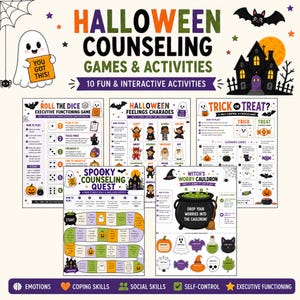 May include: A collection of Halloween counseling games and activities featuring five printable sheets with themes like Roll the Dice, Feelings Charades, Trick or Treat, Spooky Counseling Quest, and Witch's Worry Cauldron, decorated with ghosts and bats.