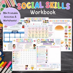 May include: A Social Skills Workbook featuring 55+ printable activities and worksheets. The pages include a Conversation Dice game, a Build a Best Friend Burger activity, a Weekly Kindness Challenge Tracker, and a Follow the Directions Challenge.