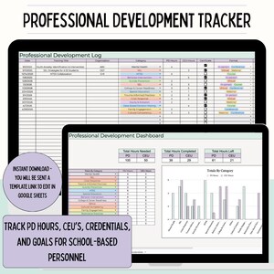 May include: A digital professional development tracker template for Google Sheets. The interface displays a Professional Development Log with columns for dates, training titles, organizations, categories, hours, and formats, plus a dashboard with summary tables and bar charts.