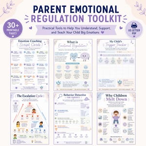 Peut inclure: Un kit de régulation émotionnelle pour parents comprenant plus de 30 pages imprimables au format PDF US Letter. La collection inclut des fiches pédagogiques intitulées Emotion Coaching Script Cards, What is Emotional Regulation, My Child's Trigger Tracker, The Escalation Cycle, Behavior Detective for Parents et Why Children Melt Down.
