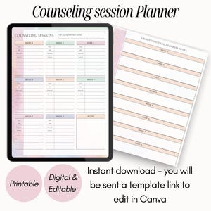 May include: A digital counseling session planner displayed on a tablet, with a matching printed page. The tablet shows a weekly layout with sections for topics, goals, and notes. Text on the image reads "Printable", "Digital & Editable".