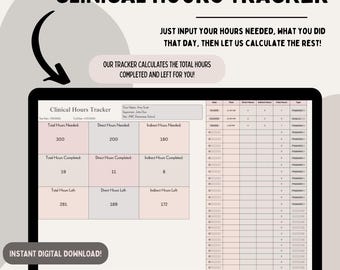 Minimalist Clinical Hours Tracker | Log School Counseling, Psychology, Social Work, Therapy | Indirect, Direct, Supervision