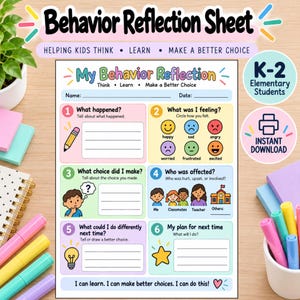Puede incluir: Una hoja de reflexión sobre el comportamiento para estudiantes de primaria con seis secciones numeradas, iconos coloridos y texto que incluye My Behavior Reflection, Think, Learn, Make a Better Choice e I can learn. I can make better choices. I can do this!