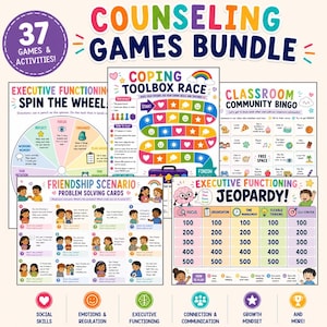 May include: A digital counseling games bundle featuring 37 games and activities. The collection includes printable sheets for Coping Toolbox Race, Executive Functioning Spin the Wheel, Classroom Community Bingo, Friendship Scenario cards, and Jeopardy.