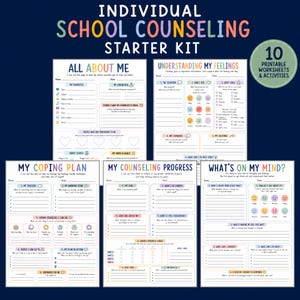 May include: A set of 10 printable worksheets titled Individual School Counseling Starter Kit. The pages include All About Me, Understanding My Feelings, My Coping Plan, My Counseling Progress, and What's On My Mind with various prompts and icons.