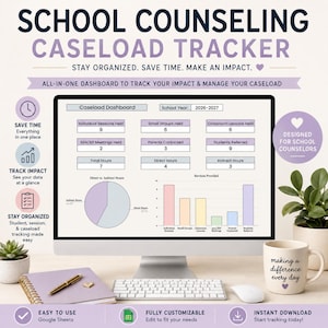 May include: A digital school counselling caseload tracker dashboard displayed on a computer monitor. The screen shows data fields for sessions, meetings, and hours, alongside a pie chart and bar graph. The interface includes the text School Counselling Caseload Tracker and 2026-2027.