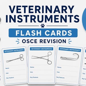 May include: Flash cards for veterinary instruments OSCE revision. The image shows flash cards with veterinary tools and the text "Veterinary Instruments" and "OSCE Revision". The image also includes surgical tools.
