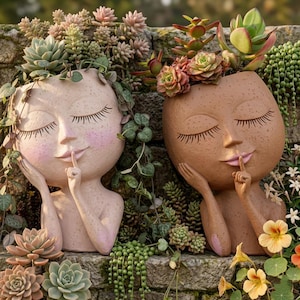 Maceta con forma de cara, maceta para suculentas con forma de cabeza de niña, maceta bonita, decoración de jardín bohemia, regalo único para amantes de las plantas, maceta para interior y exterior.