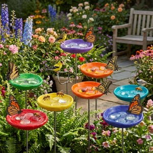 Stazione di abbeveraggio per farfalle e api, abbeveratoio per uccelli da giardino, ciotola per l'acqua per impollinatori, decorazione colorata per il giardino, regalo per gli amanti della natura.