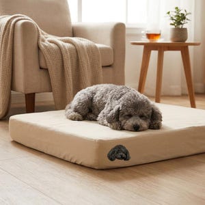 May include: A rectangular beige pet bed featuring a small embroidered graphic of a curly-haired dog on the front corner. A gray curly-haired dog is lying down and sleeping on top of the flat, cushioned surface of the pet bed.