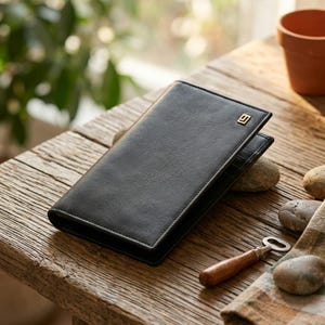 Könnte beinhalten: Eine schwarze Lederbrieftasche im Bifold-Design mit glatter, matter Textur und einem kleinen, goldfarbenen quadratischen Logo-Emblem mit geometrischem Muster in der oberen rechten Ecke. Die Brieftasche ist rechteckig mit sauberen Nähten.